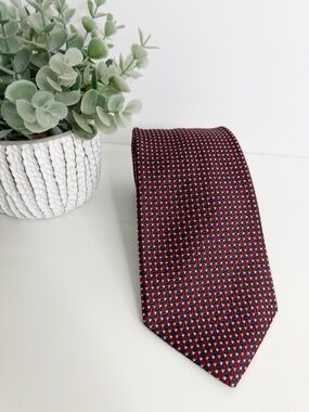 Lands End Retro Geometric Silk Tie Burgundy Navy Workwear 3 5/8” x 57” Office